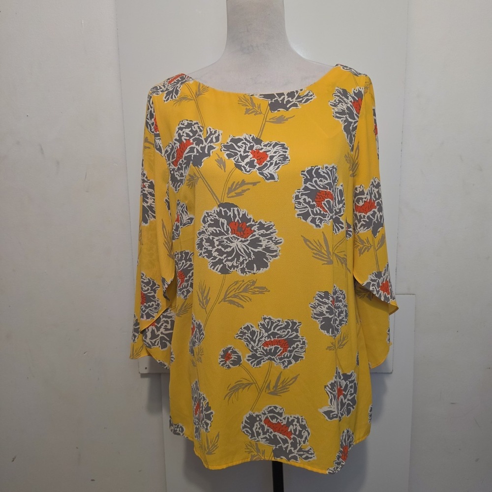 Banana Republic Women's M Mustard Yellow Floral Bell Sleeve Blouse Top